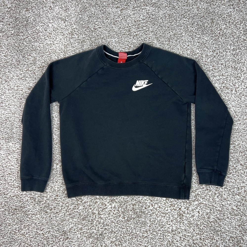 Nike Sweatshirt Mens Medium Black Crewneck Fleece‎ Small Swoosh Logo Pullover
